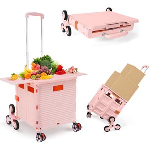 Foldable Utility Cart with Stair Climbing Wheels,Collapsible Rolling Crate with Magnetic Lid Telescopic Cover,Telescoping Handle,360 Rotate Wheel Hand Cart for Teacher Shopping Moving Grocery(Pink)
