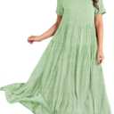 YESNO Women Casual Loose Bohemian Floral Dress with Pockets Short Sleeve Long Maxi Summer Beach Swing Dress (XL EJF Solid C Mint Green)