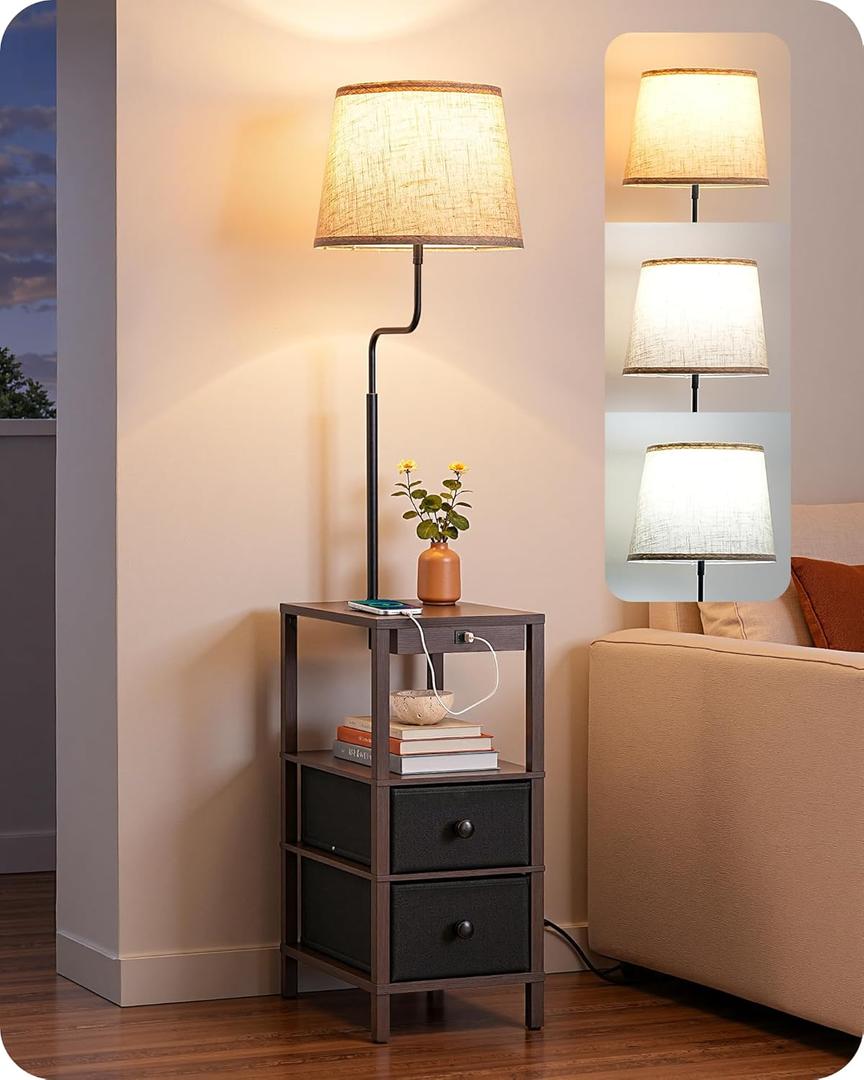 EDISHINE Floor Lamps for Living Room, Dimmable Bedside Floor Lamp with Table and 2 Shelves, USB-A+Type-C Port, Farmhouse Standing Light for Bedroom, Den, Office, Kids Room with Bulb, Dark Walnut