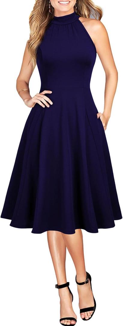 WOOSEA Womens Sleeveless Halter Neck Bodycon A-Line Cocktail Party Pockets Swing Dresses (Blue, S)