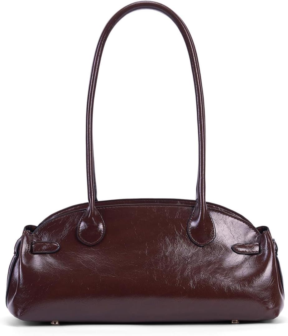 Vintage Shoulder Bag - Glossy Leather Top Handle Handbag, Retro Minimalist Dome Shoulder Purse, Elegant Underarm Bag Maple