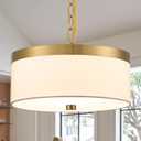3-Lights Modern Fabric Chandelier for Dining Room, 12'' Modern Drum Chandeliers, Height Adjustable Gold Pendant Light, E26 Round Pendant Light Fixtures for Bedroom Living Room Kitchen Island Foyer