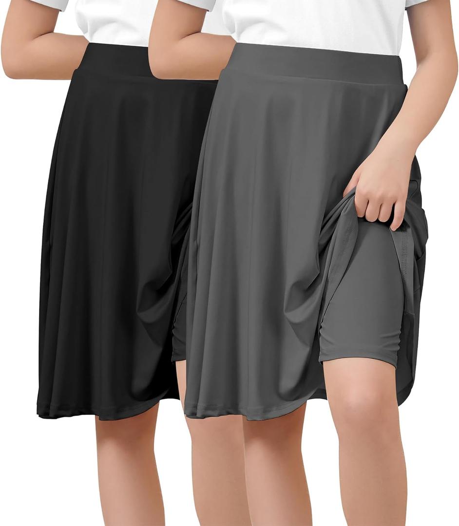Zando Girls 2 Pack A Line Grey Skirt with Shorts | Knee Length Black Uniform Skirts&Skorts for Girls Athletic Modest | Back to School Outfits for Playtime Kids , Dark Grey , 8 Years