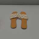 GORGLITTER Women's Summer Beach Flat Cute Sandals 2025 Color Block Faux Pearls Decor Leather Flat Slides (6, Beige and Brown)