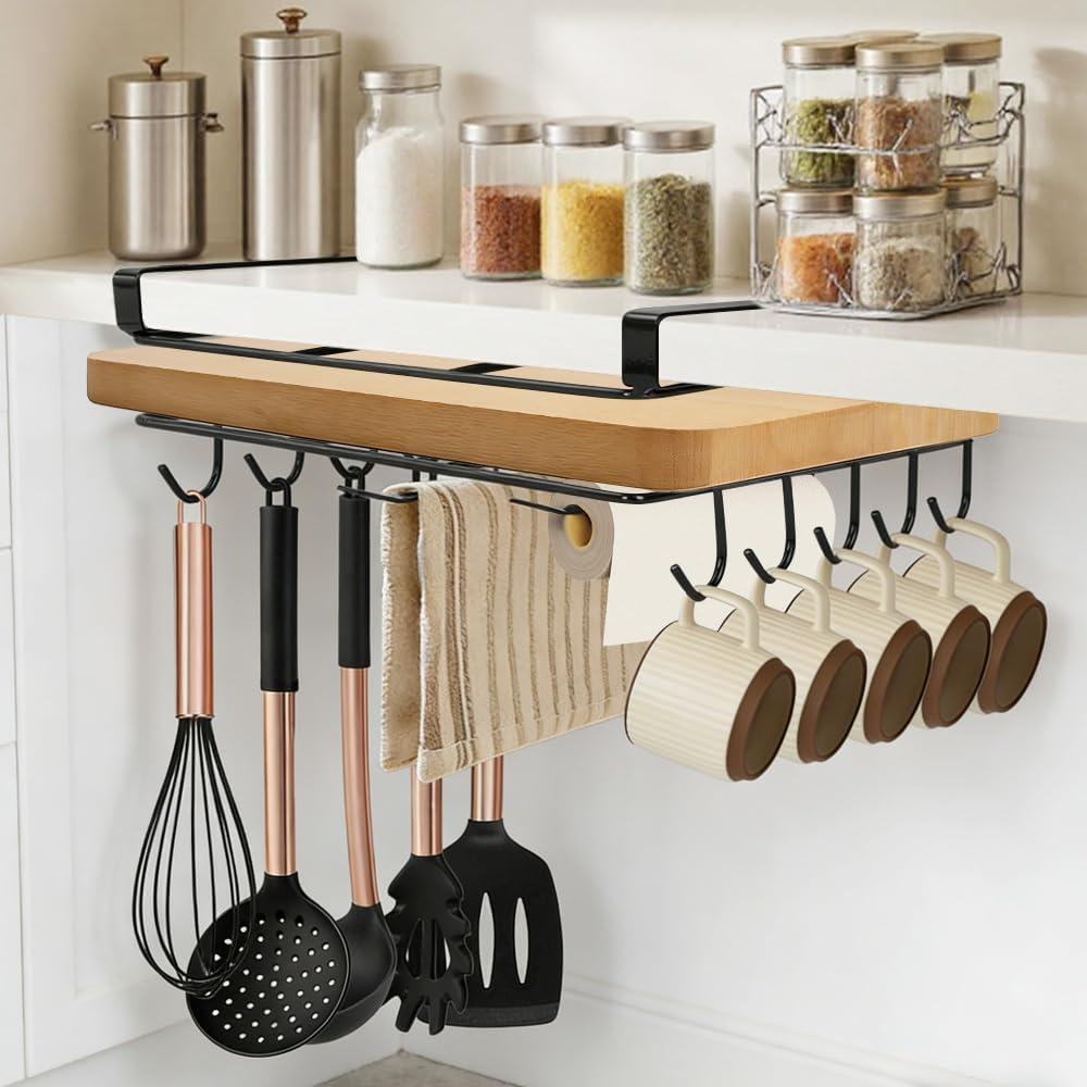 Under Cabinet Cutting Board, No-Drill Mug Hooks Storage Rack, Paper Towel Organizer, Multifunctional Stainless Steel Under Cabinet Shelf, for Kitchen Utensils, Chopping Board