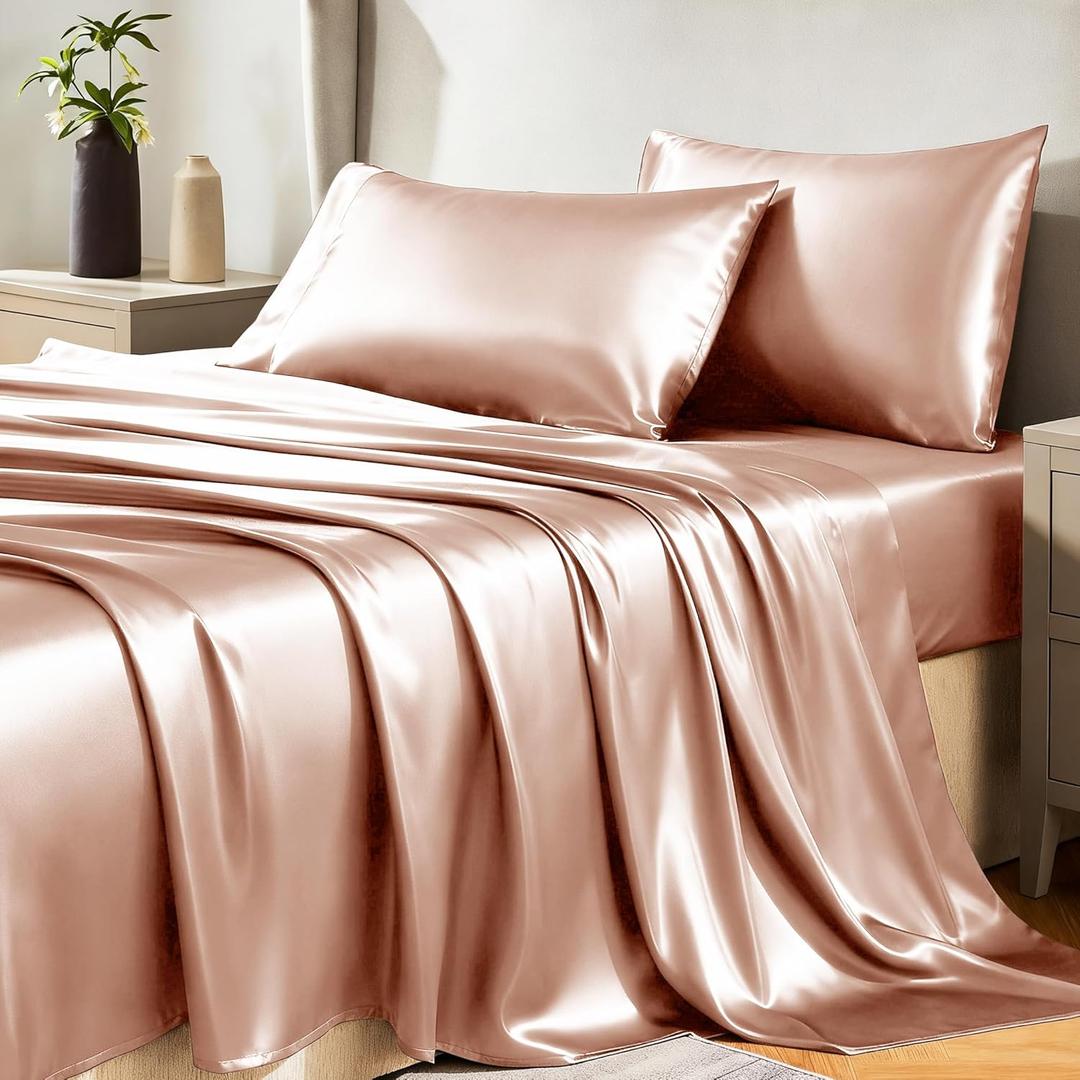 CozyLux Satin Sheets Full Size Sheets - 4 Piece Silky Full Size Bed Sheets, Luxury Salmon Pink Full Bed Set with Smooth and Soft Microfiber, Includes 1 Fitted Sheet, 1 Flat Sheet and 2 Pillowcases