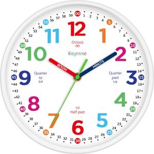 Roymnie Wall Clock for Kids Learning to Tell Time Non Ticking Battery Operated Kids Teaching Clock Small Teaching Time Clock Decorative for Kids Room Classroom School (8 Inch) (White Grain)