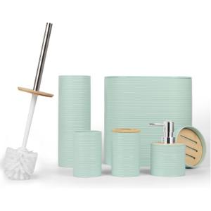 Bathroom Accessories Bath Set of 6, Toothbrush Holder, Soap Dispenser, Trash Can, Soap Dish, Toothbrush Cup and Toilet Brush Holder, Green (Green-bamboo Lid)