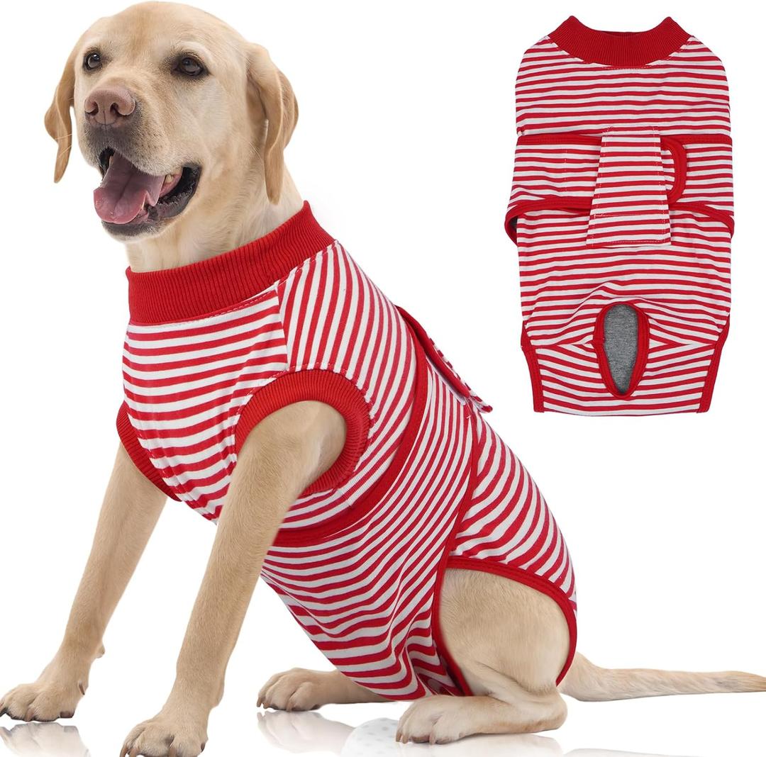 FUAMEY Dog Recovery Suit Male,Dogs Surgery Neuter Suits Puppy Spay Shirts for Female Protect Dog's Skin Anti Licking Abdominal Wounds Doggie Onesie Pet Bodysuit Alternative to Cone Red Stripes XL (XL(Back:20.1-24.8in,WT:42-75lbs))