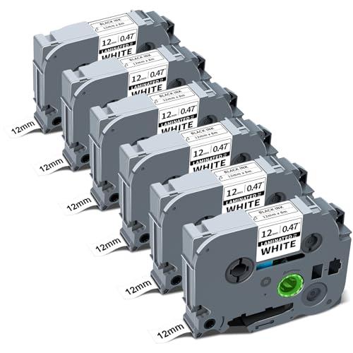 6-Pack P Touch Label Tape, TZe TZ Tape 12mm 0.47 Laminated White Compatible with Brother P Touch Label Maker Tape TZe231 TZe231 Ptouch Refill for PT-H110 D220 D210 1280 1290 2040, Black on White