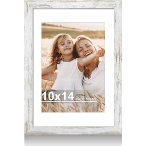 Hongkee 10x14 Picture Frame with Real Glass - 8x12 Wooden Frame with Mat, Horizontal and Vertical Display for Wall or Tabletop (Distressed White, 1 Pack)
