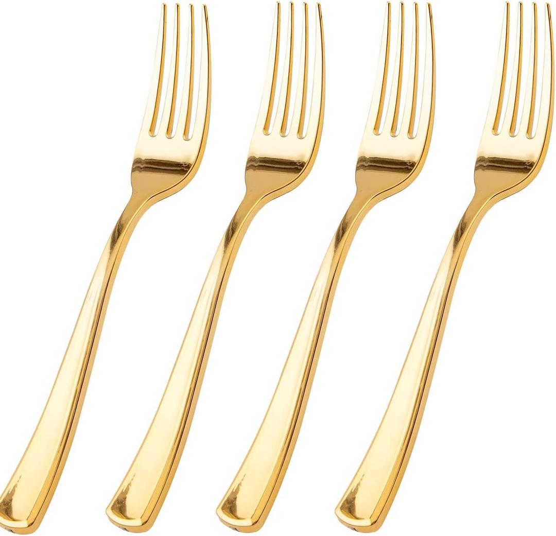 WDF 100 Pcs Gold Plastic Forks Heavy Duty - BPA-FREE, Sturdy&Durable Forks Disposable 7.4inch - Elegant Gold Forks for Dessert, Durable Plastic Cutlery for Party, Wedding or Daily Using