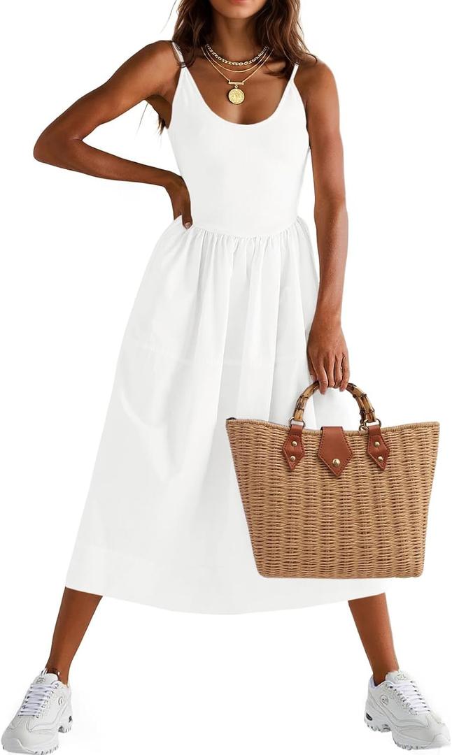 Fisoew Womens Spaghetti Strap Dress V Neck Backless Summer Casual A Line Cami Dress with Pocket (White) S/M