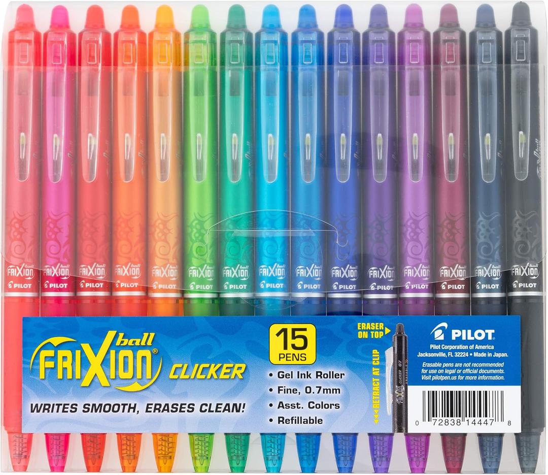 Pilot FriXion Clicker Erasable, Refillable & Retractable Gel Ink Pens Fine Point 0.7mm, Erasable Pens, Assorted Color Inks, 15-Pack Pouch