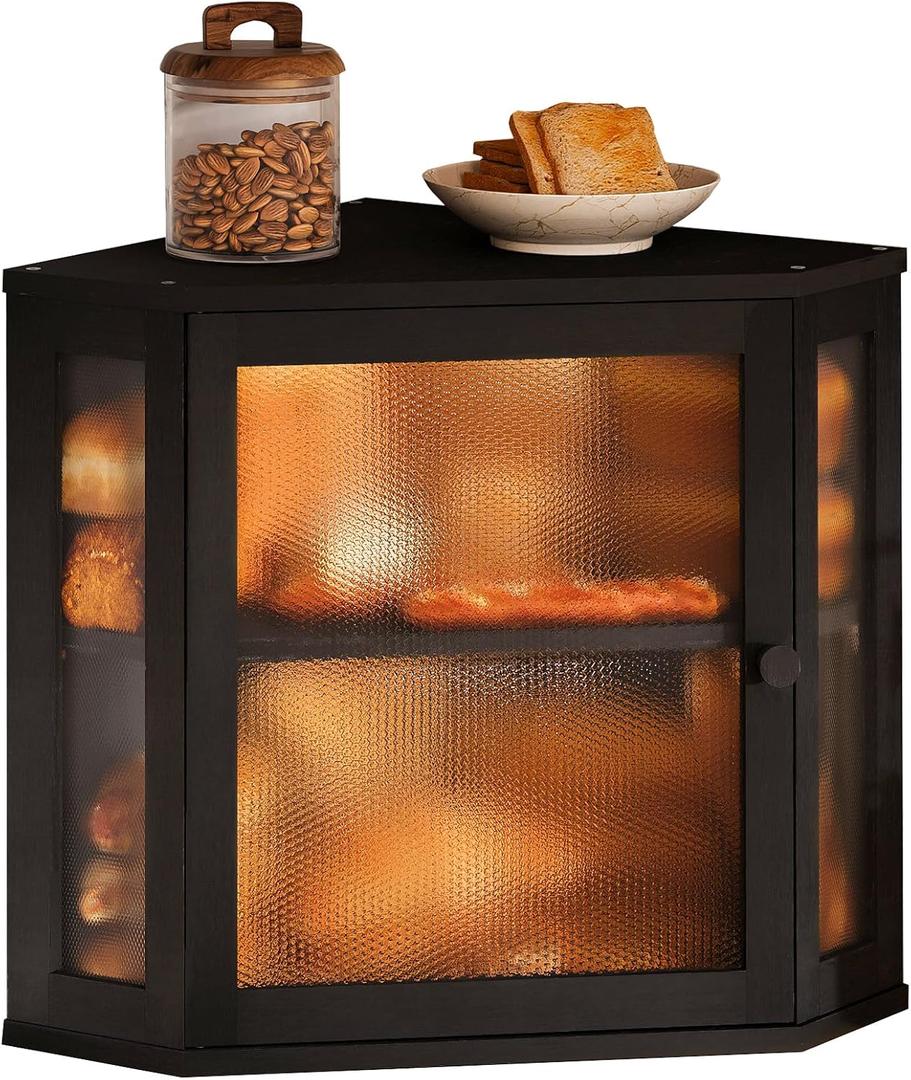 Corner Bread Box for Kitchen Countertop,Bread Storage for Homemade Bread, Double Layer Large Bamboo Kitchen Storage Bin with Window (Black, Medium)