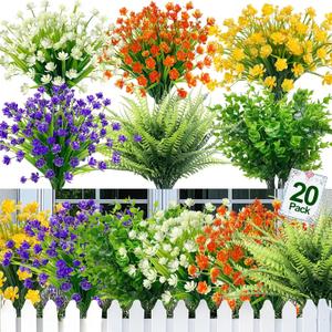 TURNMEON 20 Bundles Artificial Flowers for Outdoors, Summer Spring Grass Camellia Fake Flowers Fern Plants Eucalyptus UV Resistant No Fade Greenery for Garden Porch Indoor Cemetery Decor(Mix 6 Styles)