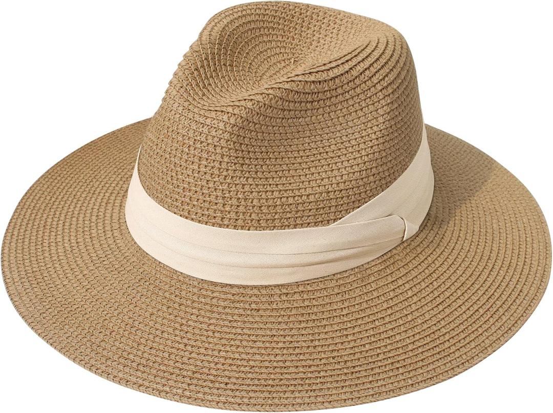 Lanzom Women Wide Brim Straw Panama Roll up Hat Fedora Beach Sun Hat UPF50+ (One Size-Small, Beige/Brown)