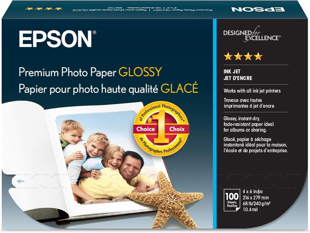 Epson S041727 Premium Photo Paper, 68 lbs., High-Gloss, 4 x 6 (Pack of 100 Sheets),White