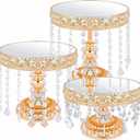 3 PCS Round Cake Stand with Crystal Bling Pendants European Style Lace Cake Plate Golden Premium Display Stand with Crystal Bling Pendants Dessert Showcase Set for Birthday Parties,Wedding,Banquet