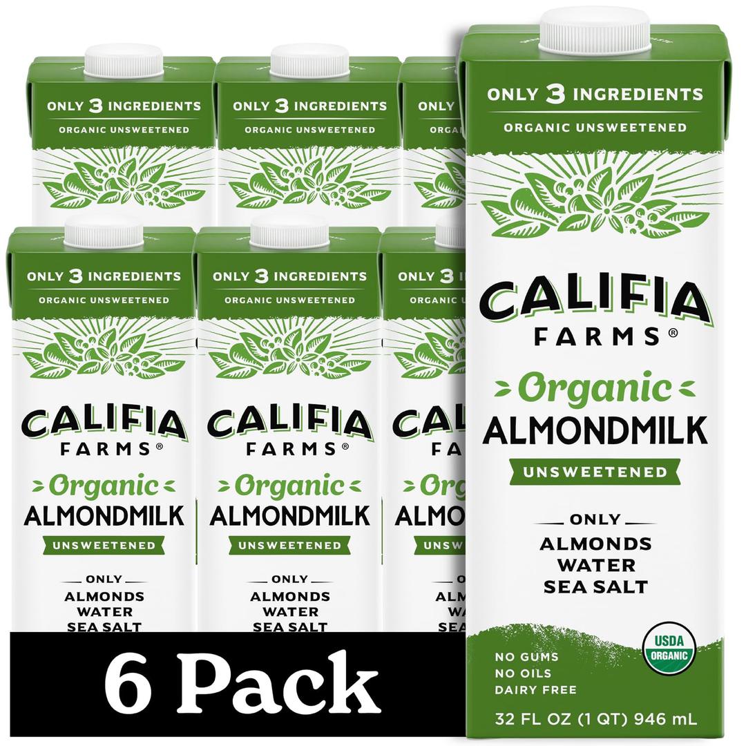 Califia Farms - Organic Unsweetened Almond Milk, 32 Oz (Pack of 6), Dairy Free, Vegan, Plant Based, Keto, Vegan, Gluten Free, Non GMO, USDA Organic, Best By: 18 AUG 2026