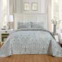 GrandLinen - 3-Piece Oversize (California) Cal King (118 X 95) Quilt Set Velvet Bedspread Coverlet Fine Printed Warm Winter Bed Cover (Pale Blue, Light Grey, Paisley)