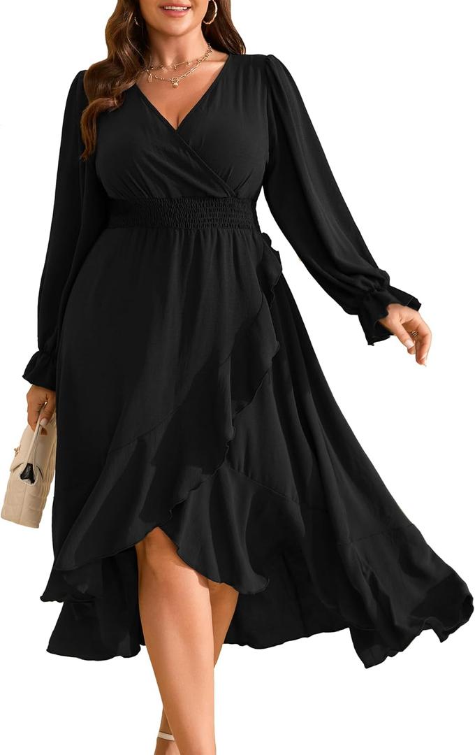 RWJ Women's Plus Size Wedding Guest Maxi Dress Wrap V Neck Long Sleeve High Low Ruffle Cocktail Fall Dresses (Color: Black) (Size: 4XL)
