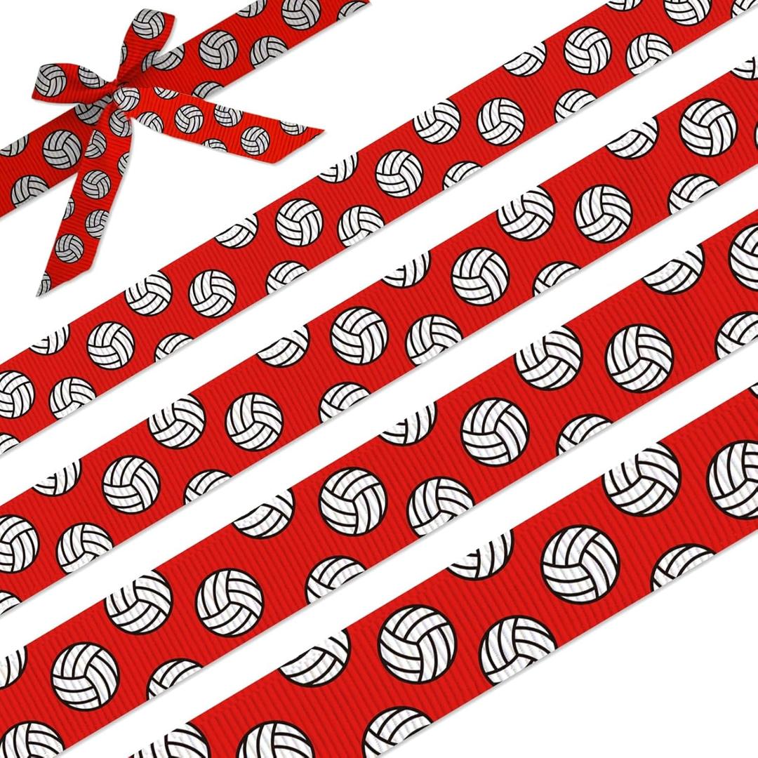 Volleyball Ribbon - Grosgrain Ribbons in 4 Sizes (3/8", 5/8", 7/8", 1"), 5-Yard Each - DIY Hair Bow Accessories, Gift Wrapping, Party Supplies, Team Presents & Sports Decorations (Red)