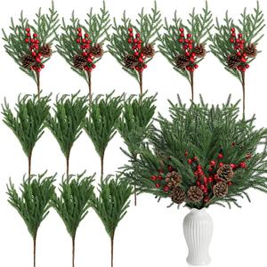 12 Pcs Christmas Pine Branches with Red Berry Pine Cones, 18 Inch Real Touch Artificial Pine Branches, Realistic Christmas Greenery Stems for Vases Garland Wreath Floral Arrangements