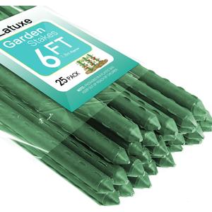 Garden Stakes 6FT 25pcs, Plastic Coated Steel Plant Stakes Specifically Designed for Climbing Plants, Ideal for Tomatoes, Beans, Cucumbers, Peppers, Vines, and More Plant Growth