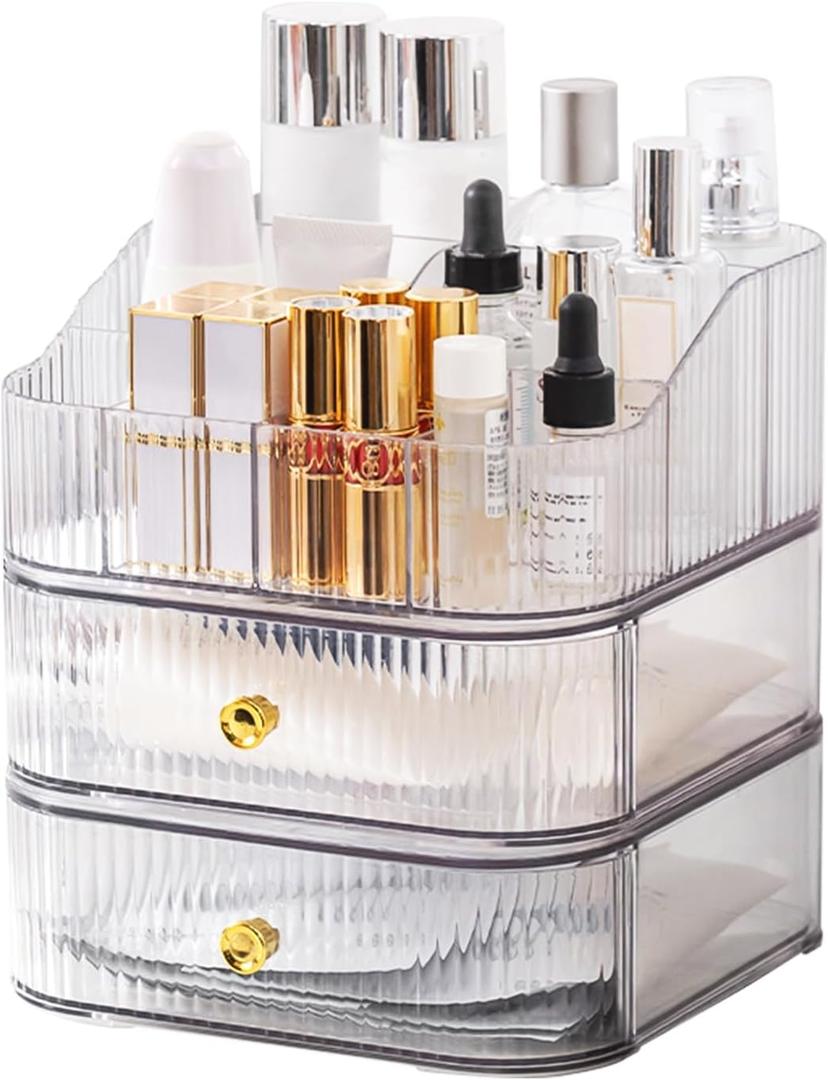 DASITON Makeup Organizer, Large Capacity Skincare Cosmetic Organizer with Makeup Brush Holder, Countertop Cosmetic Display Cases for Lipstick, Perfume, Jewelry (L, Clear 03)