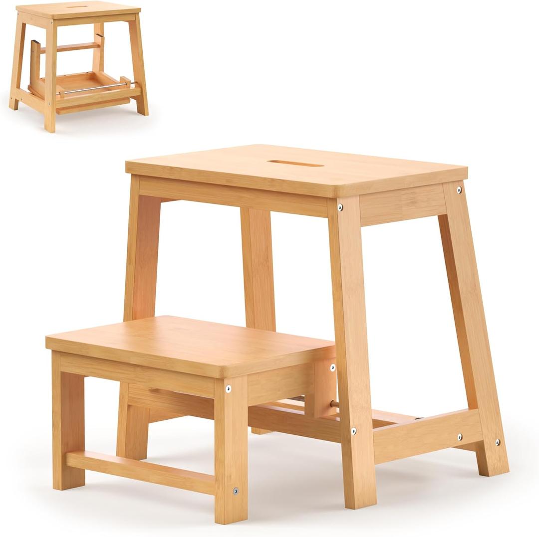 Bamboo Folding Step Stool with Sturdy Structure and Wide Stepping Surface for Safety, Multi-Purpose Foldable Step Ladder for Bathroom,Bedroom,Kitchen Step Stools for Kids & Adults, 400 lbs (Large & Foldable - 17.3''H)