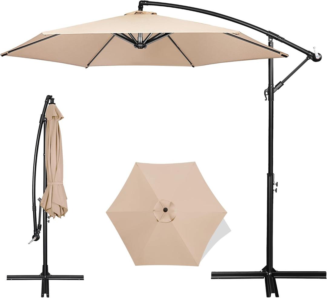 FRUITEAM Offset Patio Umbrella, 10 FT Heavy Duty Cantilever Outdoor Umbrella with High-Strength Frame & Infinite Tilt, All-Weather UV Protection Sun Shade for Poolside, Garden, Backyard (Beige)