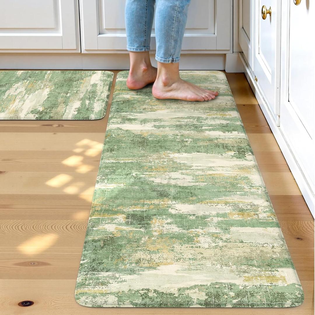 Collive Kitchen Mats Cushioned Anti Fatigue, Modern Abstract Non Slip Kitchen Floor Mat Waterproof Green Sink Rug 2 Piece, Comfort Desk Standing Rugs for Bedroom, Office, Laundry, 17"x29"+17"x47"