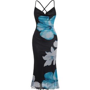 SOLY HUX Women's Floral Mesh Bodycon Cami Dress Cowl Neck Sleeveless Cocktail Party Wedding Guest Long Maxi Dresses (Medium)