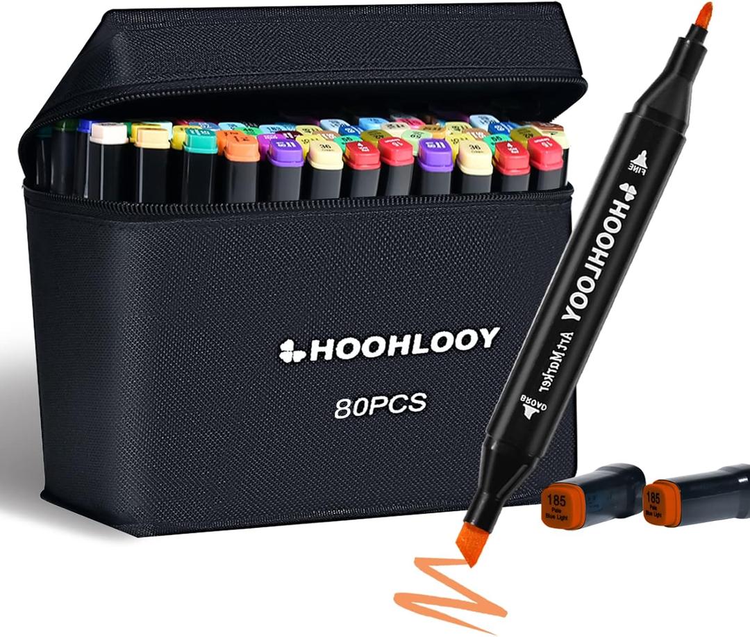 80 Colors Upgraded Alcohol Marker Set, Brush Chisel Double Head Art Marker for Artists Adult Coloring, Sketching, Painting, Comes w/ 1 Case
