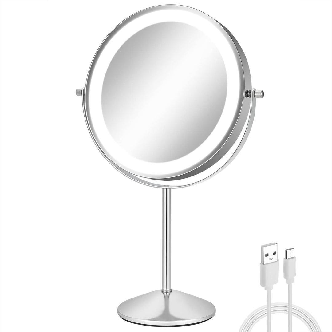8" Makeup Mirror with Lights, 1X/10X Lighted Vanity Mirror with Magnification, 3 Color Adjustable Brightness, 360 Rotating Dual-Side, USB Rechargeable Cordless Design for Vanity & Tabletop