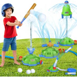 4-in-1 Kids Sprinkler Baseball Toys for Yard, Water Sprinklers Rocket Launcher Outdoor Play, 360 Rotating Water Spray Toy, Summer Backyard Lawn Pool Outside Water Game for Girls Boys Ages 4-8 8-12