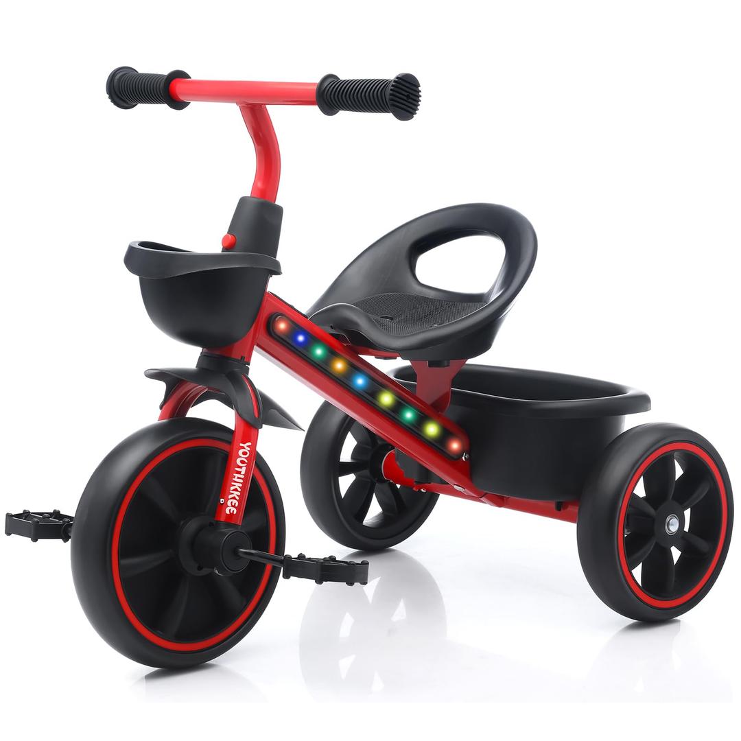 Kids Tricycle with Colorful LED Lights for Toddlers 1-3 Years, Stable 3-Wheel Design & Storage Basket for Fun Indoor Outdoor Ride, Gift for Baby Boy Girl (Red)