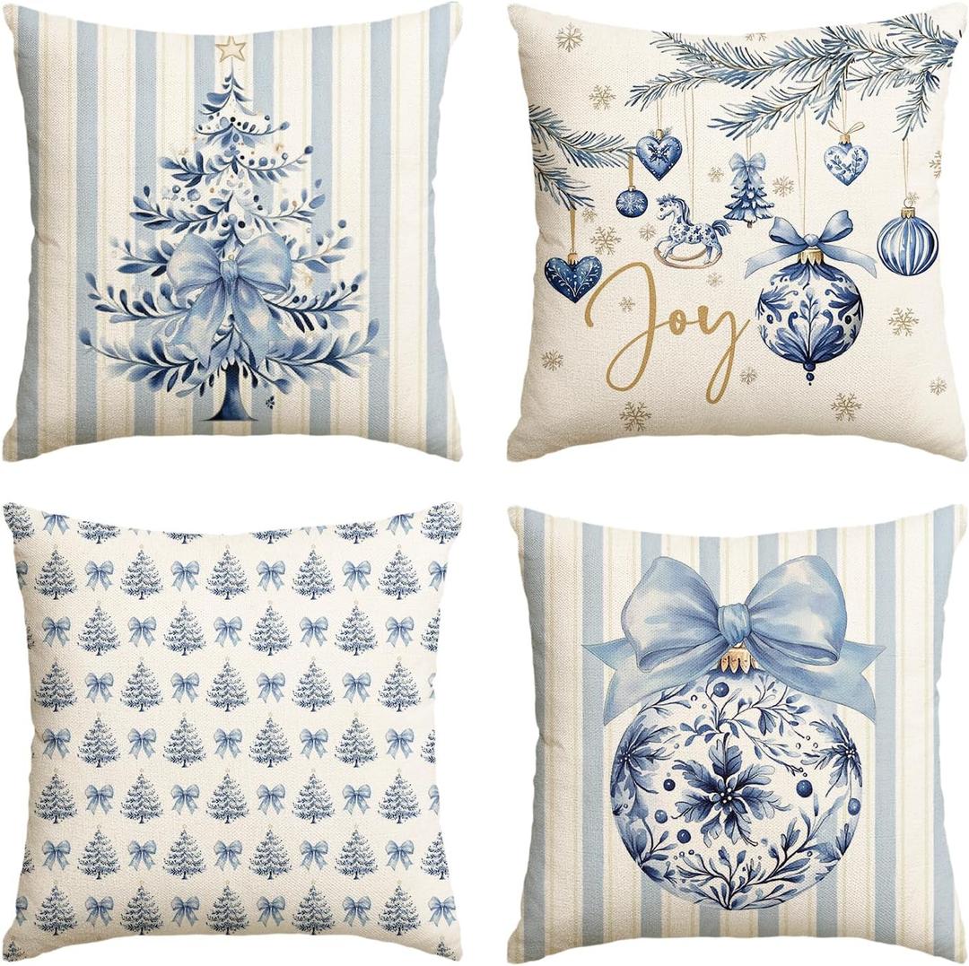 AVOIN colorlife Blue Stripe Christmas Tree Balls Bow Throw Pillow Cover, 18 x 18 Inch Seasonal Snowflake Winter Holiday Cushion Case Decoration for Sofa Couch Set of 4