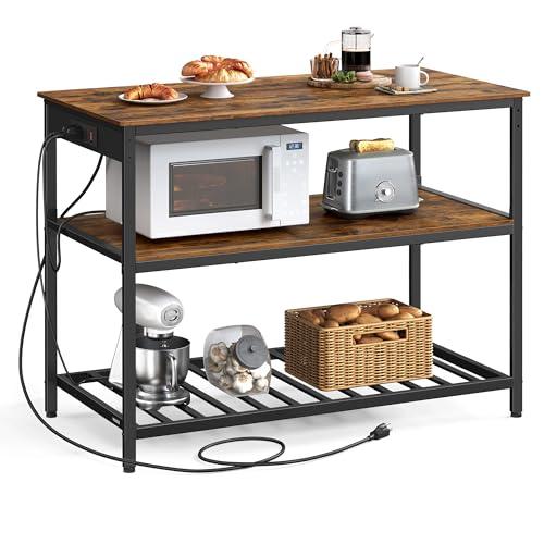 VASAGLE Kitchen Island with 3 Shelves, 47.2 Inches Width Kitchen Shelf with Power Strip, Large Worktop, Stable Steel Structure, Industrial, Easy to Assemble, Rustic Brown and Black UKKI101K01