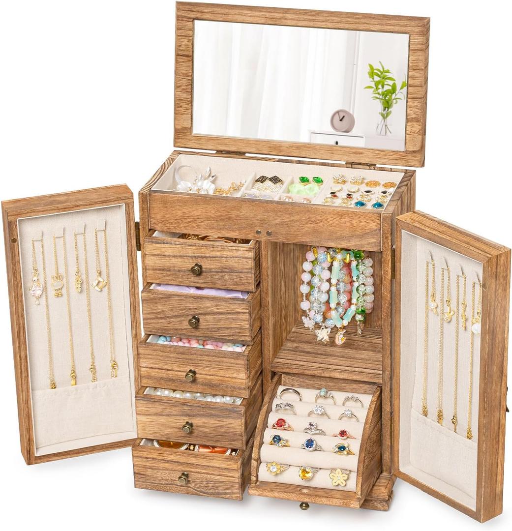 SINGBLA Jewelry Box Organizer, Farmhouse Wooden Jewelry Boxes for Women Girls, 6 Layer Jewelry Case Storage with Bracelet Holder Display Hooks for Necklaces Earrings Rings Bracelets (Carbonized Brown)