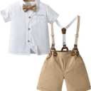 Boarnseorl Baby Boys Gentleman Outfits Shorts Sets,Infant Shirt + Shorts + Bow Tie + Suspenders (2T / 3T, White+khaki)