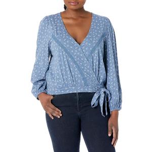 Lucky Brand Women's Long Sleeve Printed Surplice Wrap Top (Blue Multi), Small