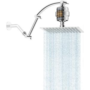 Hibbent All Metal Rain Filtered Shower Head, 10'' High Pressure Rainfall Showerhead with 16" Shower Head Extension Arm, 20 Stage Shower Filter, Solid Brass Adjustable Shower Arm Extender, Chrome