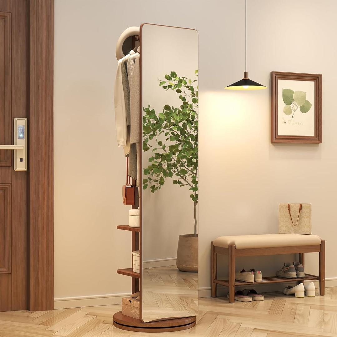 Solid Wood Rotary Full Length Mirror Coat Rack, 70" x 20" Oversize Standing Mirror Full Length, Floor Mirror for Bedroom, Living Room, Entryway (Walnut)