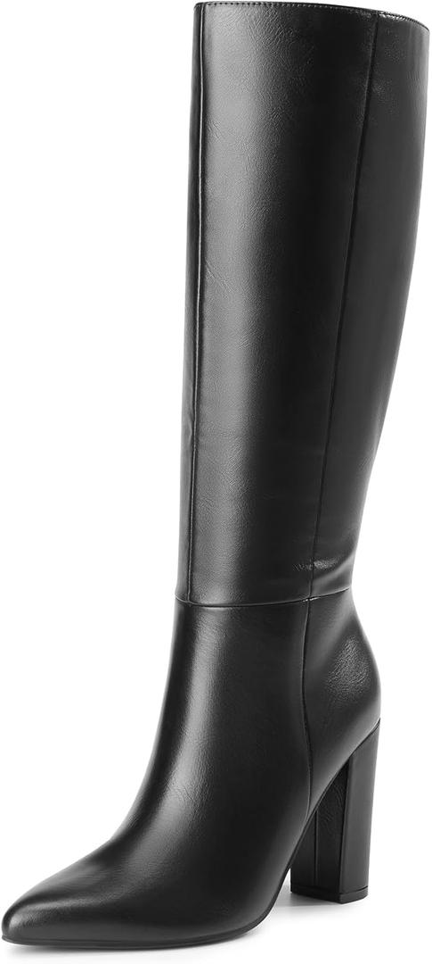 DREAM PAIRS Knee High Boots Women Chunky Heel Pointed Toe Tall Boots for Women Side Zipper Long Boots (9.5, Black-pu)