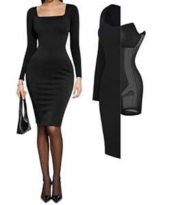 Popilush Cocktail Dress Long Sleeve Square Neck Midi Dress Shapewear Tummy Control Bodycon Dress Party Evening Built in Bra Classic Black, M