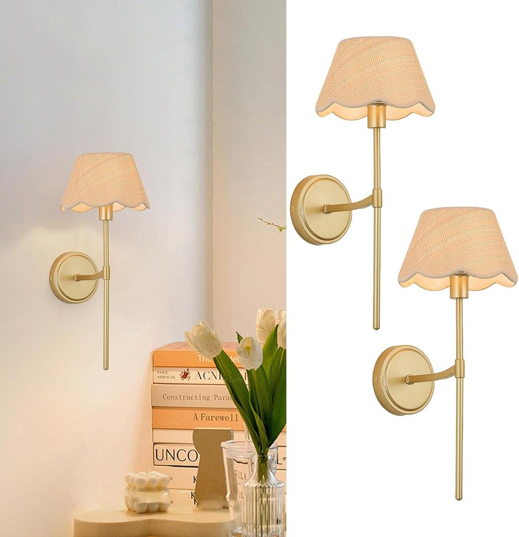 Boho Wall Sconces Set of Two, Gold Hardwired Vintage Wall Lamps with Rattan-Pattern Fabric Shade, Rustic Wall Light Fixtures for Bedroom Living Room Restaurant Hallway