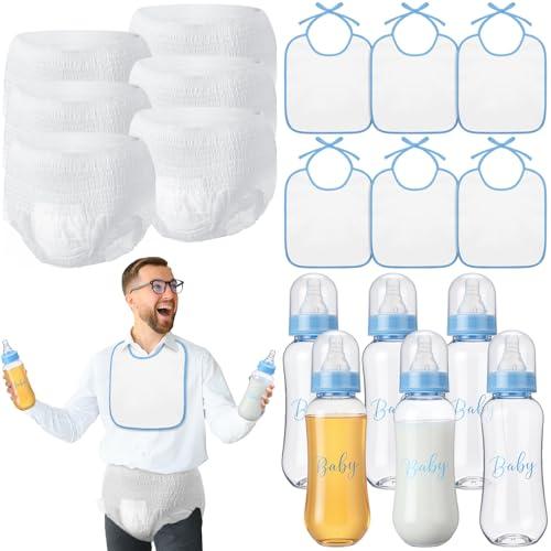 6 Sets Bottle Chug Baby Shower Games Juegos Para Plastic Baby Bottles Bibs Disposable Diapers Gender Reveal Games Baby Changing Diaper Race Game Decoration (Blue)