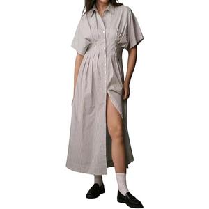 Burtell Women Casual Striped Button Down Pleated Shirt Maxi Dress Summer Lapel V Neck Short Sleeve Empire Waist Long Dress XL